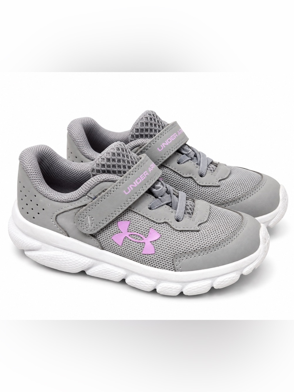 Under Armour Kids Running Shoes Gray Purple Hook & Loop Size 7K
